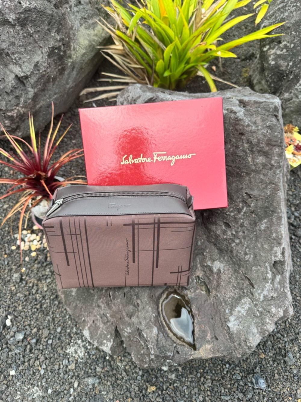 Salvatore Ferragamo NWOT Brown Monogram Toiletry Bag Pouch Made in Italy